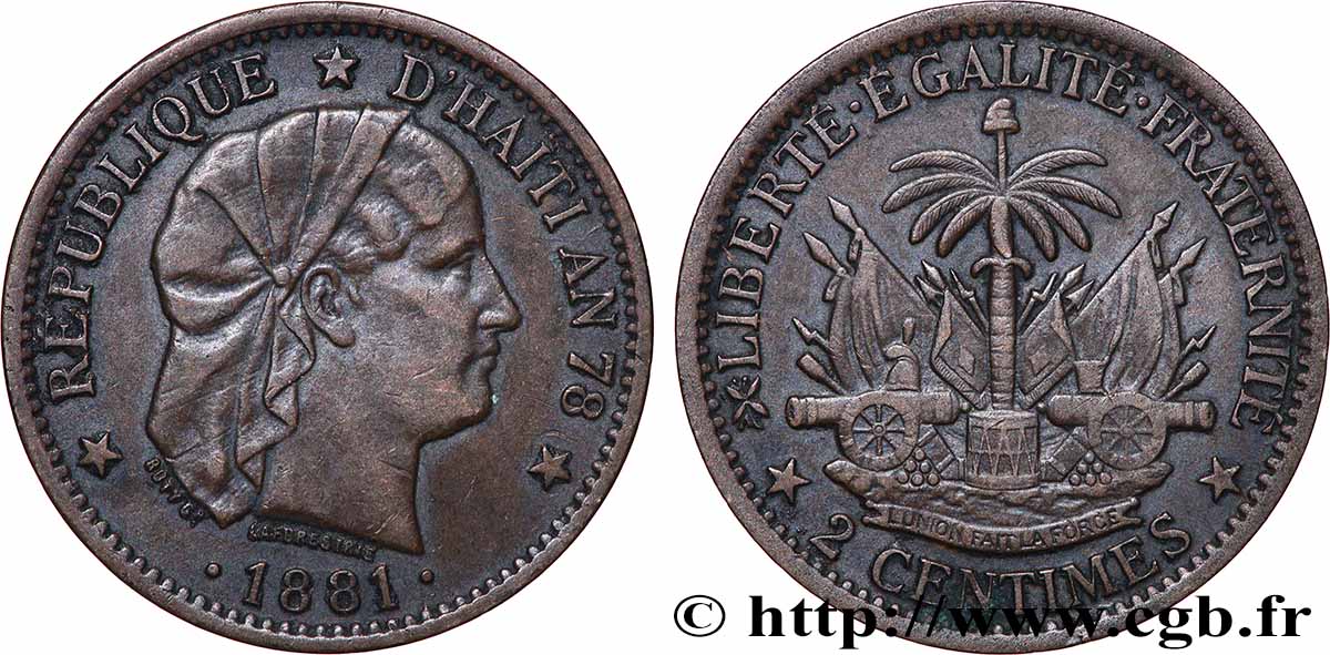 HAÏTI 2 Centimes an 78 emblème “Liberté créole” de Roty 1881 Paris TTB 