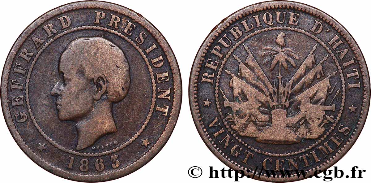 HAITI 20 Centimes président Geffrard 1863 Heaton VF 