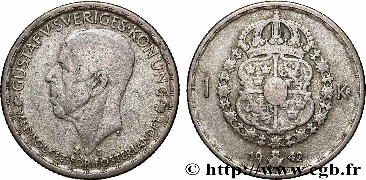 SWEDEN 1 Krona Gustave V 1942  VF 