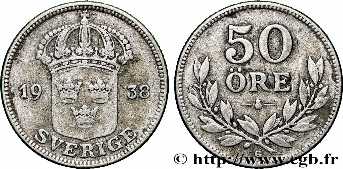 SUÈDE 50 Ore Gustave V 1938  TTB 
