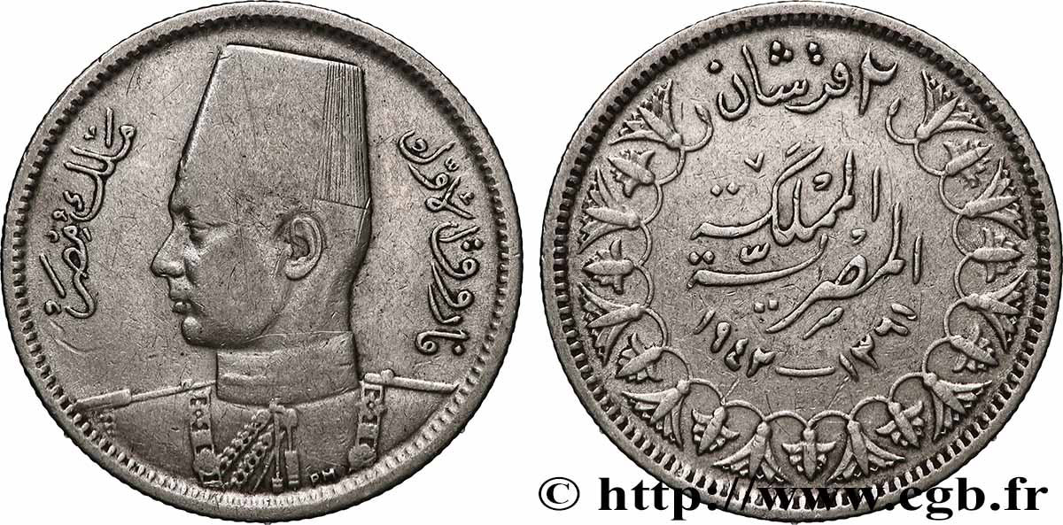 ÄGYPTEN 2 Piastres Roi Farouk an AH1361 1942  fSS 