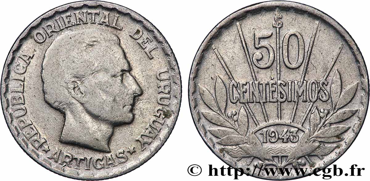 URUGUAY 50 Centimos José Gervasio Artigas 1943 Santiago BC+ 