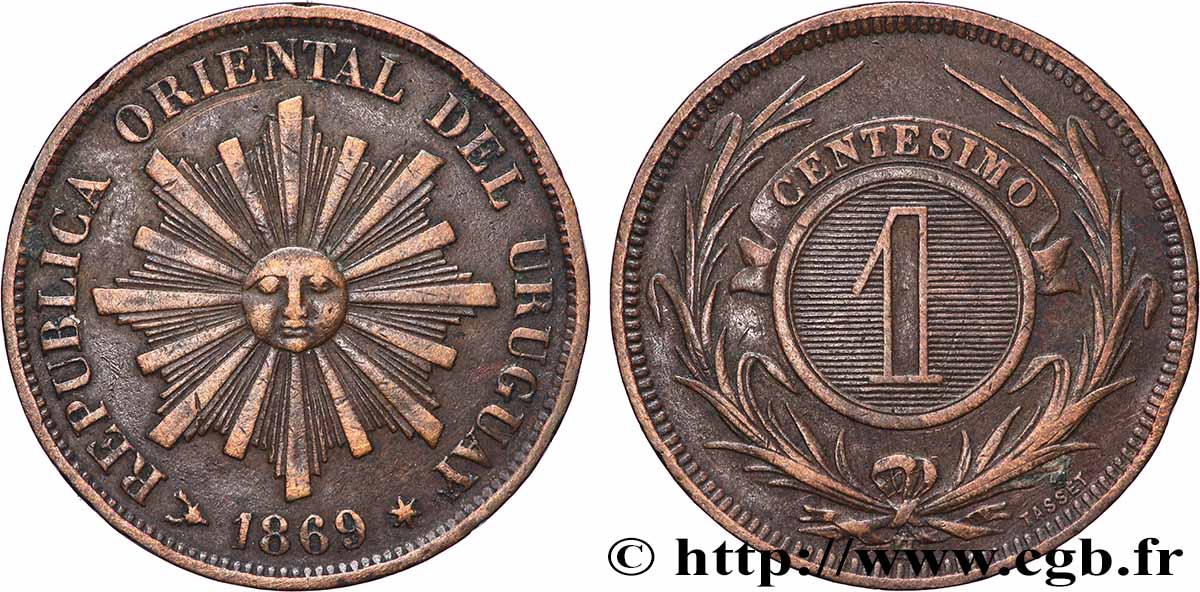 URUGUAY 1 Centesimo 1869 Heaton XF 