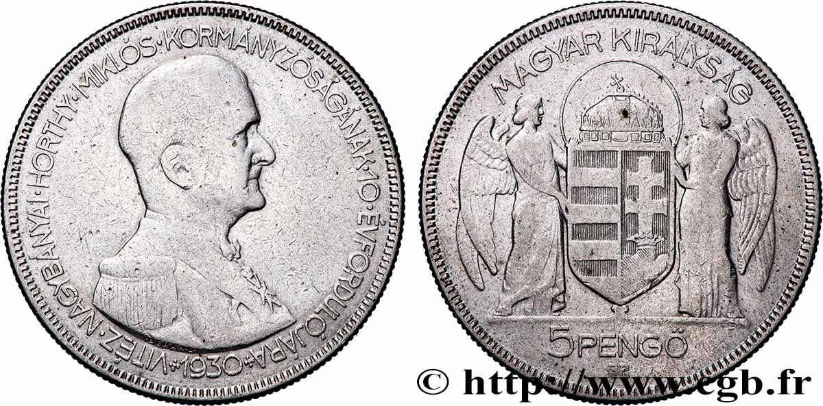 HONGRIE 5 Pengo Amiral Horthy 1930 Budapest - BP  TB+ 