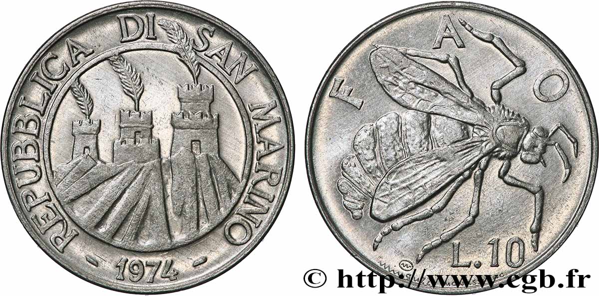 SAN MARINO 10 Lire 3 tours / abeille 1974 Rome SC 