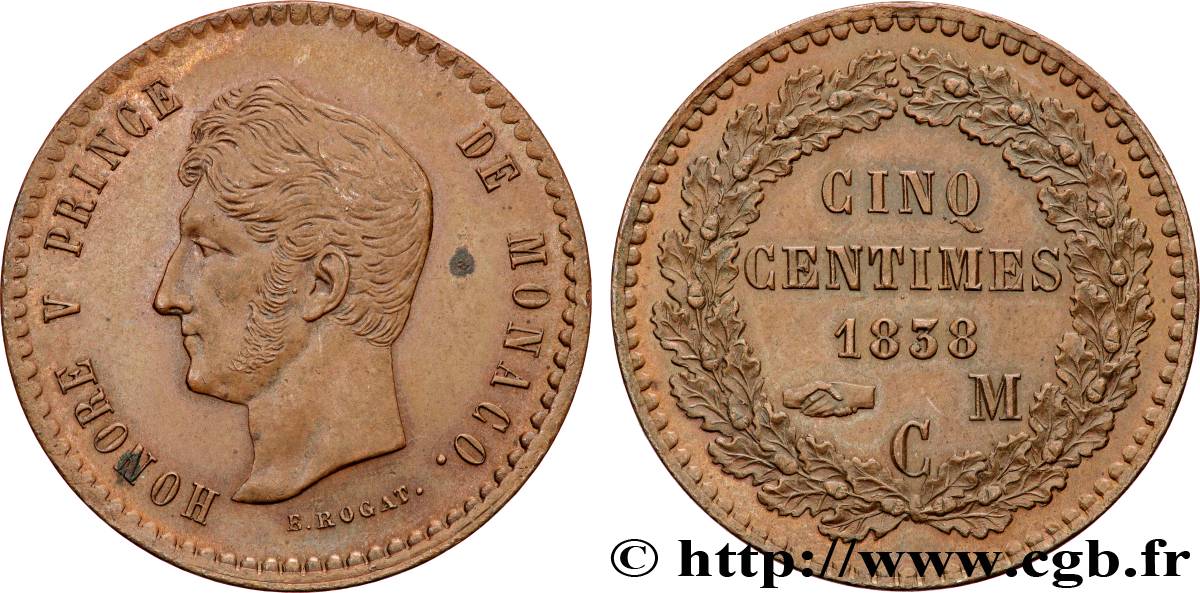 MONACO - PRINCIPAUTÉ DE MONACO - HONORÉ V Épreuve de Cinq Centimes 1838  SUP+ 