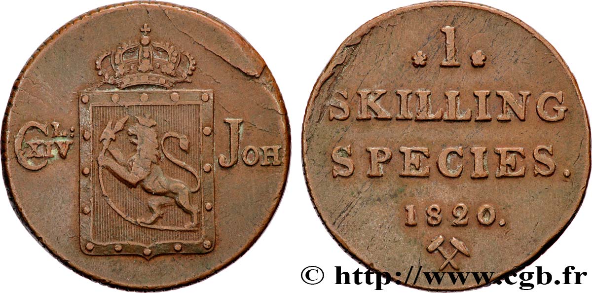 NORVÈGE 1 Skilling au nom de Charles XIV roi de Suède 1820 Kongsberg TB+ 