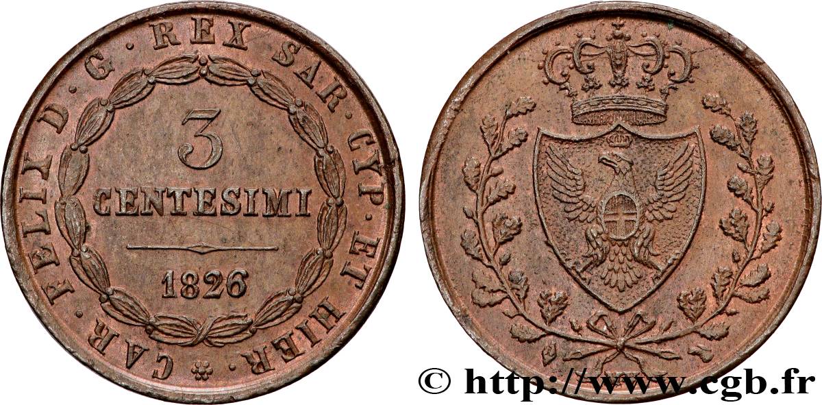 ITALIE - ROYAUME DE SARDAIGNE 3 Centesimi 1826 Turin SUP 
