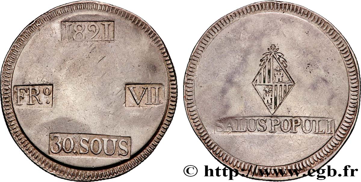 ESPAGNE - ÎLES BALEARES - FERDINAND VII 30 Sous ou Duro  1821  Majorque TTB 