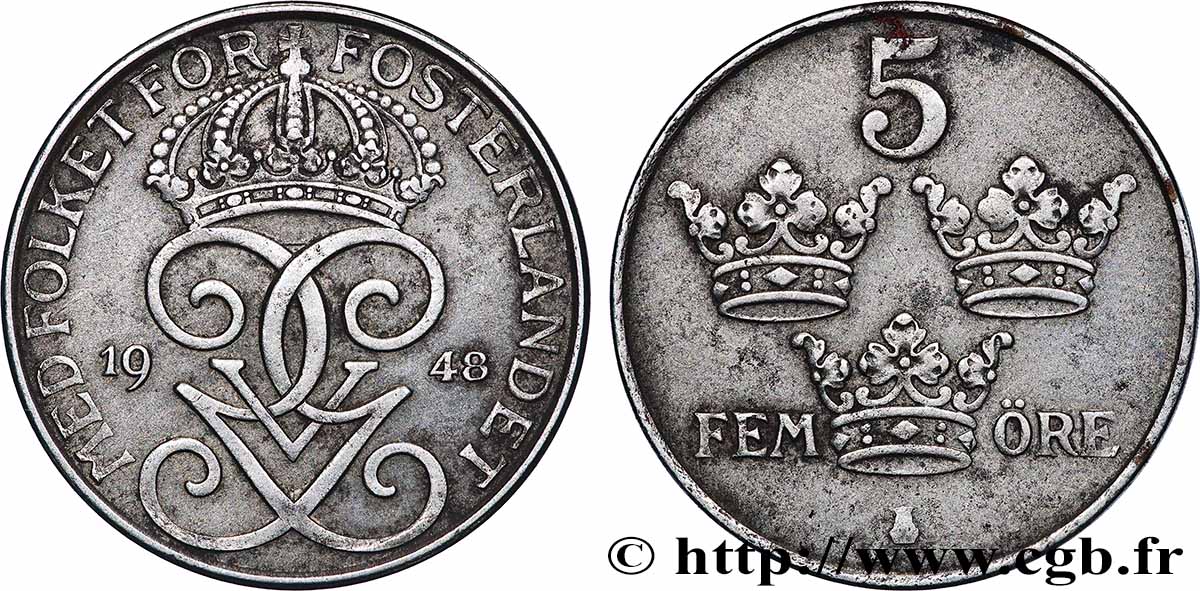 SUÈDE 5 Ore Gustave V 1948 Kungsholmen TTB+ 