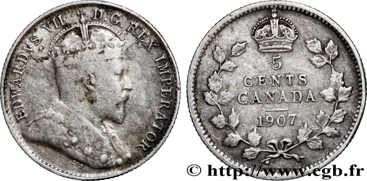 CANADA 5 Cents Édouard VII ‘Maple” 1907  VF 
