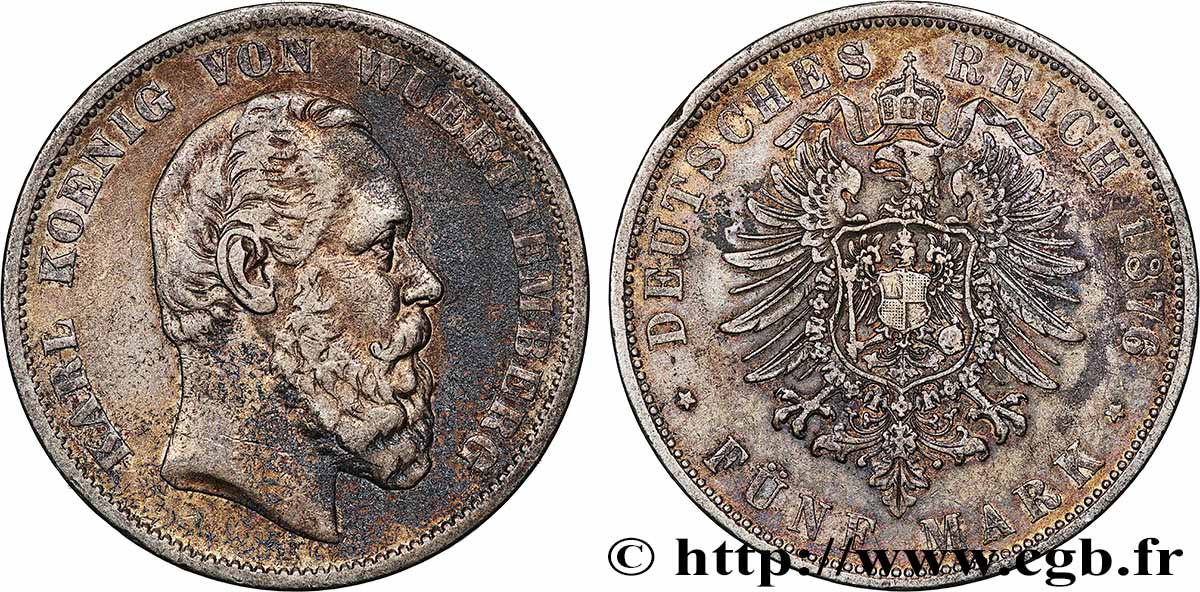 GERMANIA - WÜRTEMBERG 5 Mark Charles 1876 Stuttgart q.BB 