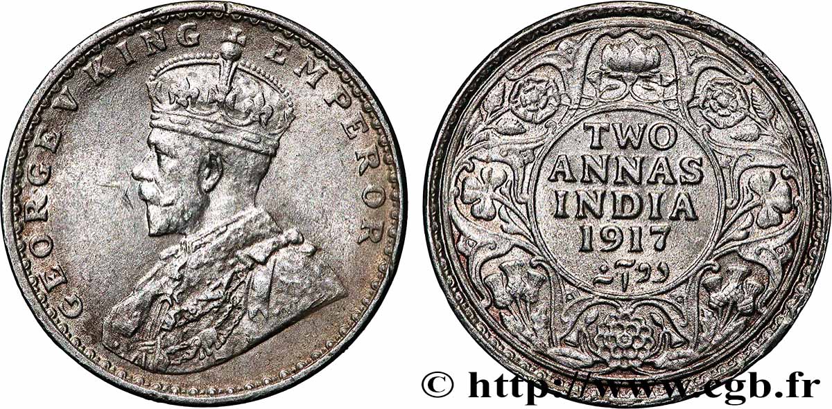 INDES BRITANNIQUES 2 Annas Georges V 1917 Calcutta SUP 