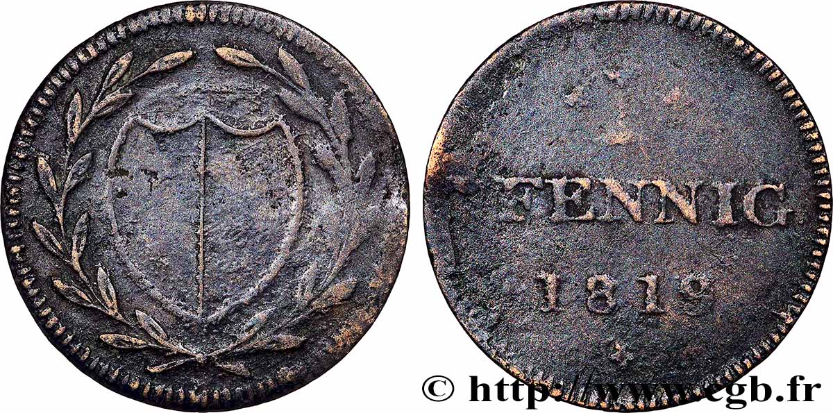 GERMANY - FRANKFURT FREE CITY 1 Pfennig Francfort monnaie de nécessité 1819  VF 