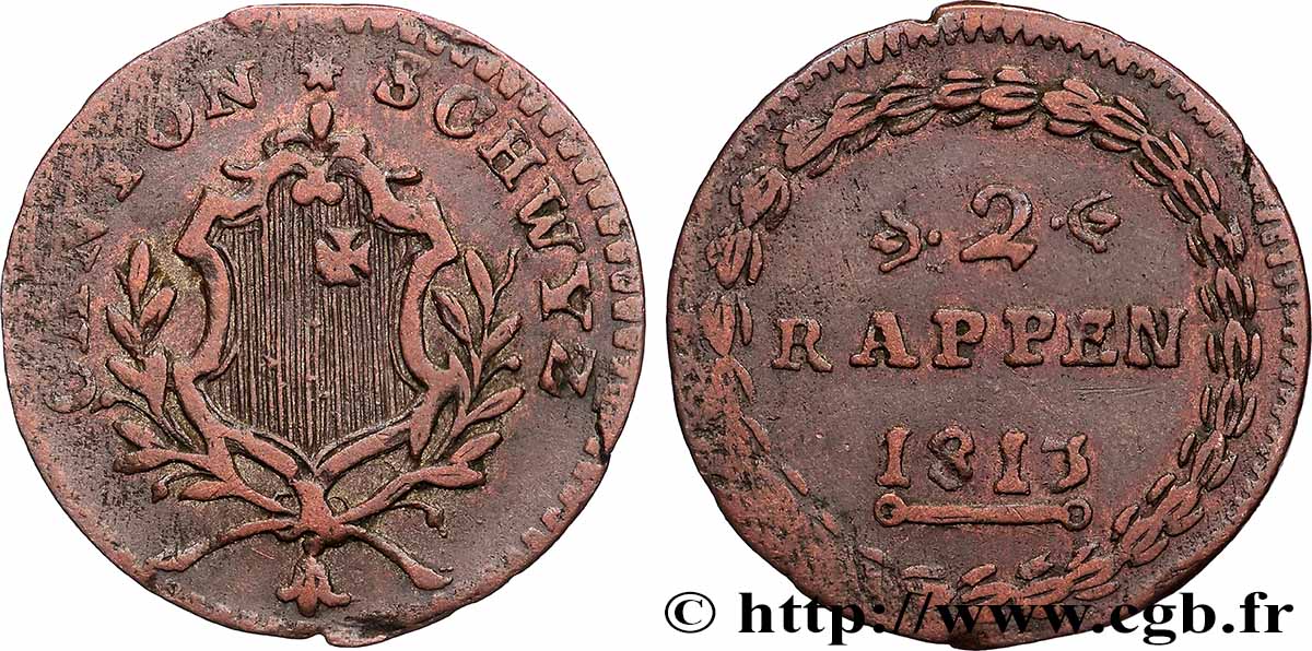 SUISSE - CONFÉDÉRATION HELVÉTIQUE - CANTON DE SCHWYTZ 2 Rappen 1813  BC+ 