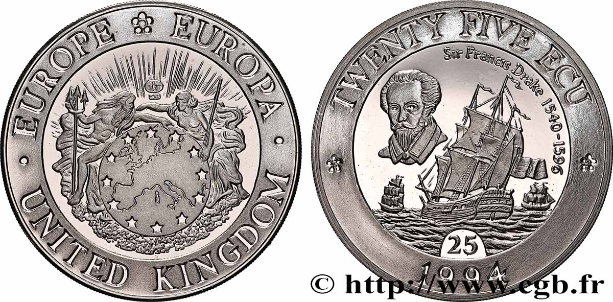 ROYAUME-UNI 25 Ecu Proof Francis Drake et le voilier Golden Hind 1994 Tower Mint FDC 