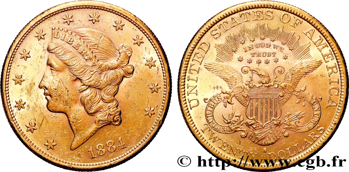 OR, PALLADIUM ET PLATINE INVESTISSEMENT 20 Dollars  Liberty  1884 San Francisco TTB/TTB+ 