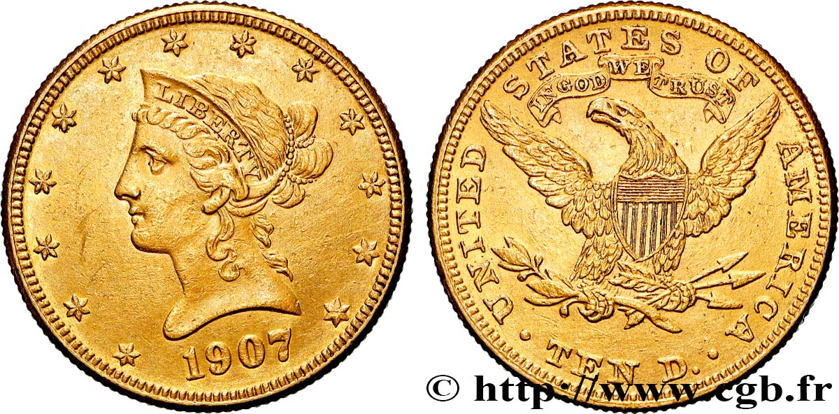GOLD-, PALLADIUM- UND PLATIN-INVESTITIONEN 10 Dollars  Liberty  1907 Philadelphie fVZ 