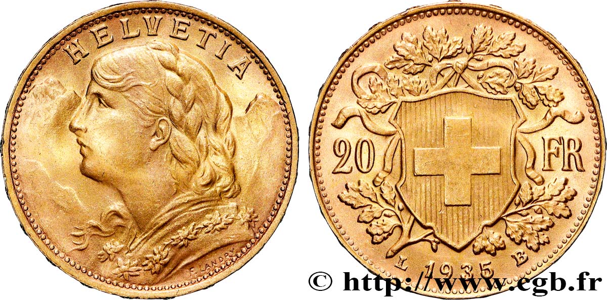 OR, PALLADIUM ET PLATINE INVESTISSEMENT 20 Francs  Vreneli  1935 Berne SUP 