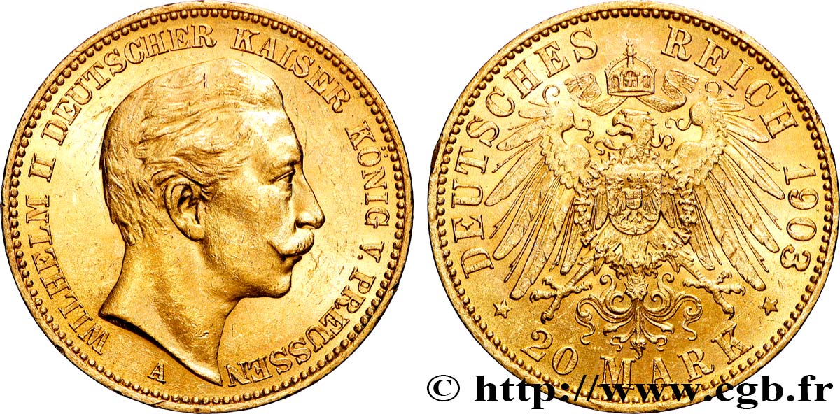 GOLD-, PALLADIUM- UND PLATIN-INVESTITIONEN 20 Mark or, 2e type Guillaume II 1903 Berlin fVZ/VZ 