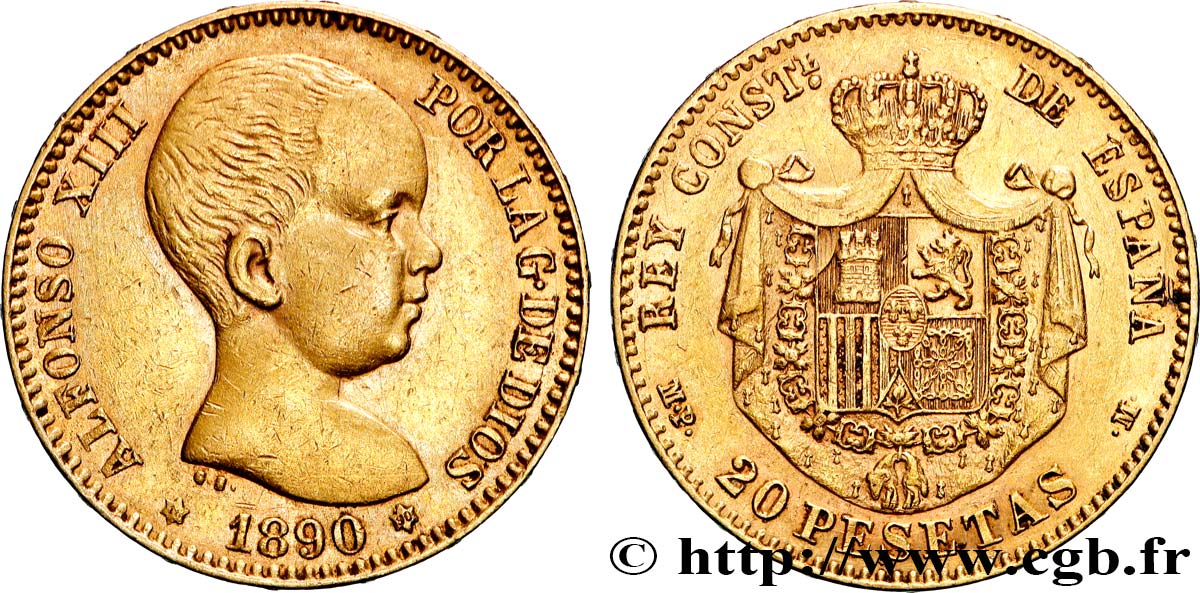 GOLD-, PALLADIUM- UND PLATIN-INVESTITIONEN 20 Pesetas Alphonse XIII 1890 Madrid fVZ 