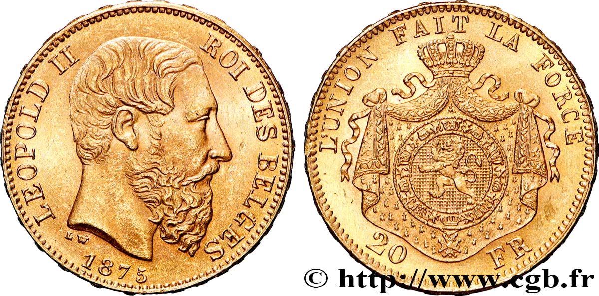 OR, PALLADIUM ET PLATINE INVESTISSEMENT 20 Francs Léopold II 1875 Bruxelles SUP 