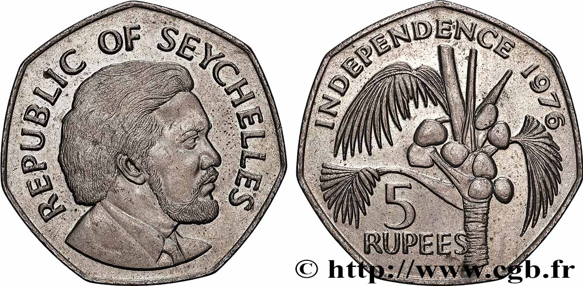 SEYCHELLES 5 Rupees Président Mancham / cocotier 1976  AU 