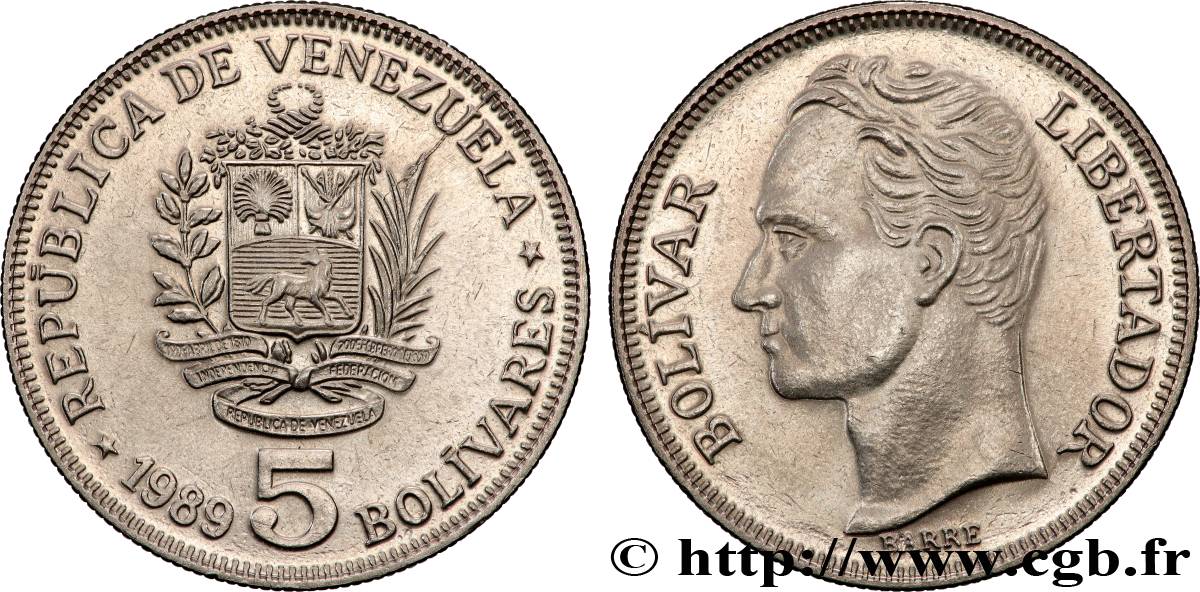 VENEZUELA 5 Bolivares Simon Bolivar 1989 schwerte SUP 