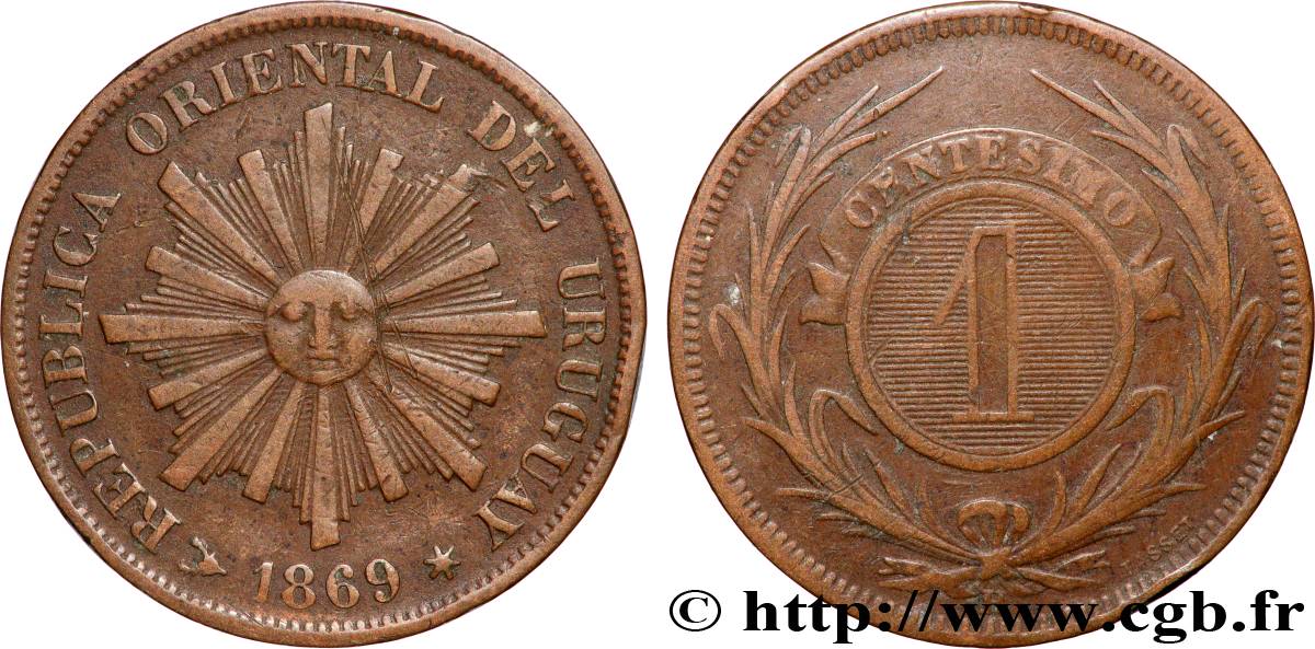 URUGUAY 1 Centesimo 1869 Heaton BC+ 