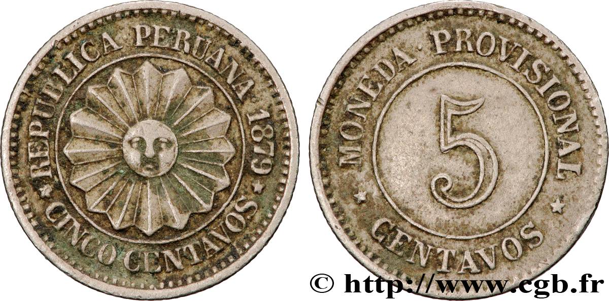 PÉROU 5 Centavos monnayage provisoire 1879  TTB 