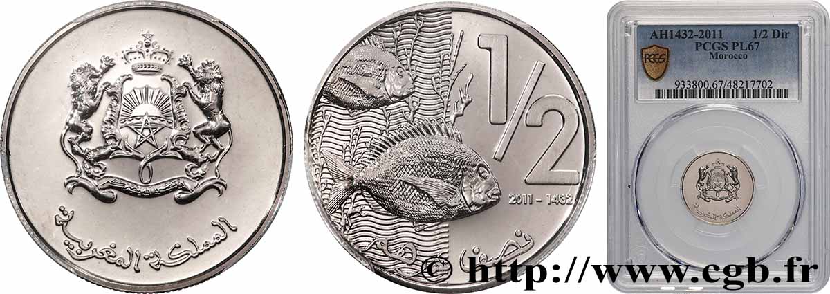 MOROCCO 1/2 Dirham “Le poisson, le corail et la protection des fonds marins” emblème AH1432 2011 Salé MS67 PCGS