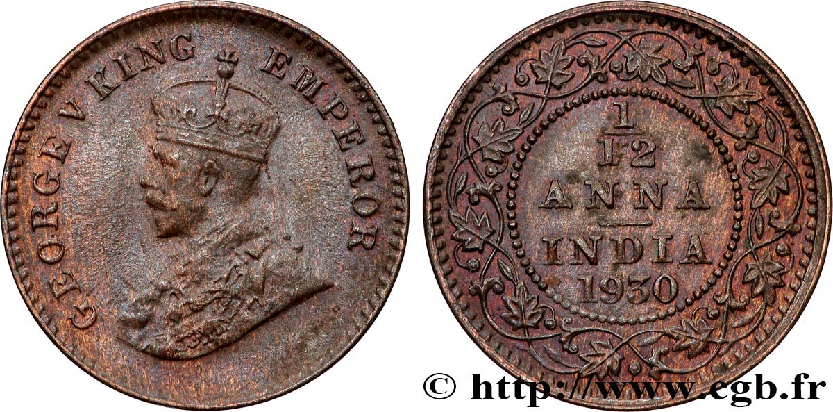 INDIA BRITANNICA 1/12 Anna (1 Pie) Georges V 1930 Calcutta q.SPL 