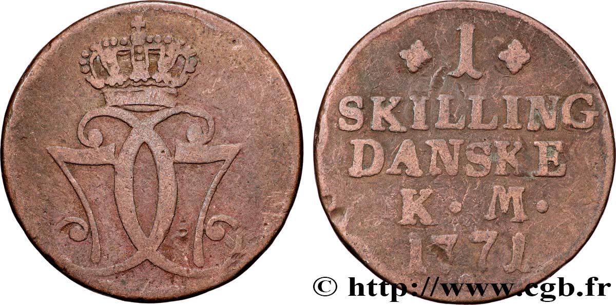DANEMARK 1 Skilling Christian VII 1771 Copenhague TB 