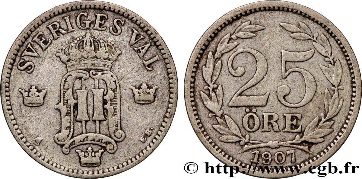 SWEDEN 25 Ore Oscar II 1907  XF 