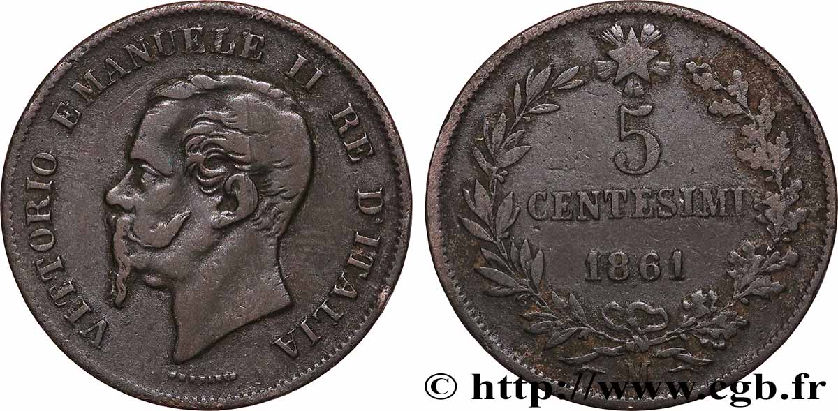 ITALIE 5 Centesimi Victor Emmanuel II 1861 Milan TB+ 