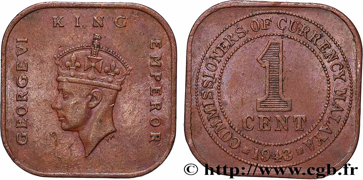 MALAISIE 1 Cent Commission Monétaire de Malaisie Georges VI 1943  TTB+ 