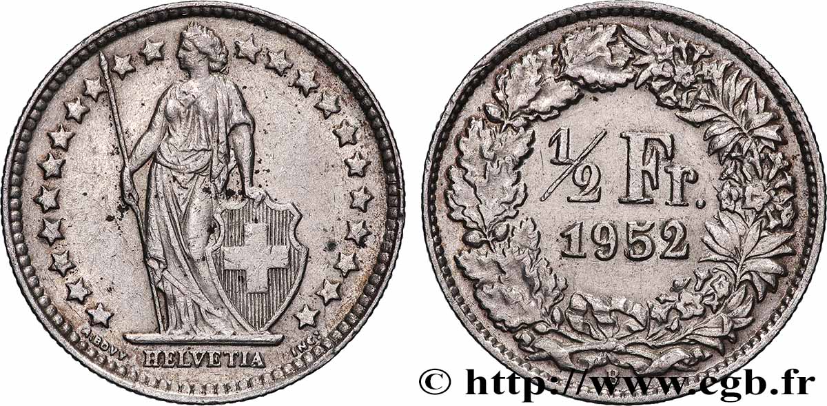 SUISSE 1/2 Franc Helvetia 1952 Berne SUP 