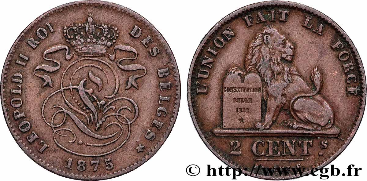 BELGIUM 2 Centimes Léopold II 1875 Bruxelles XF 