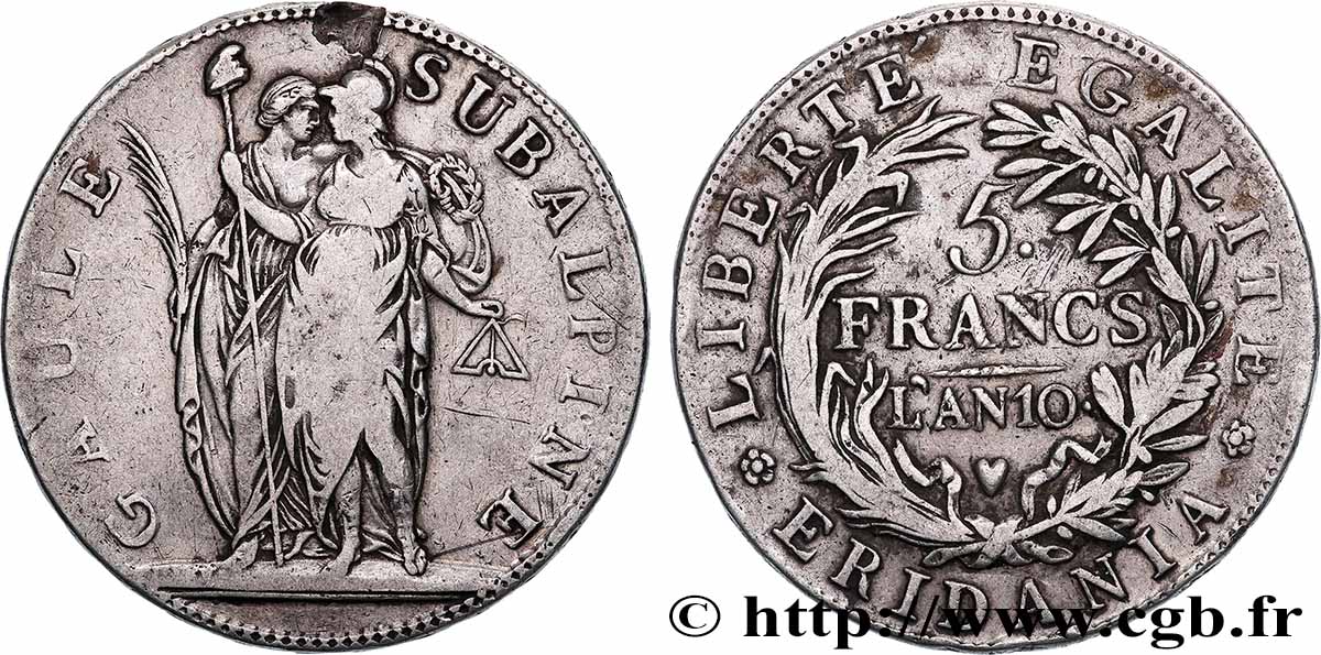 ITALIE - GAULE SUBALPINE 5 Francs an 10 1802 Turin TB 