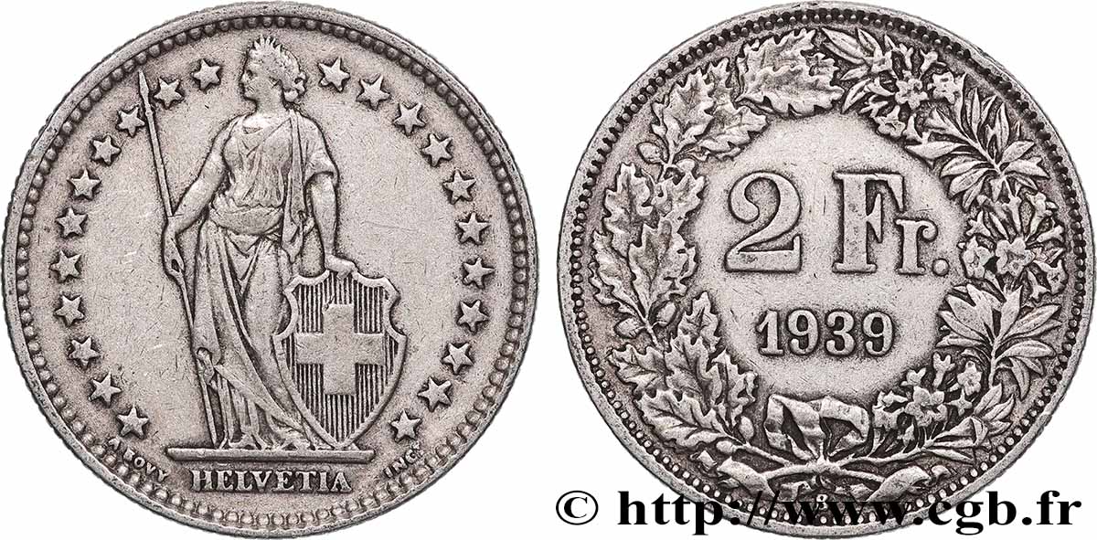 SUISSE 2 Francs Helvetia 1939 Berne TTB 