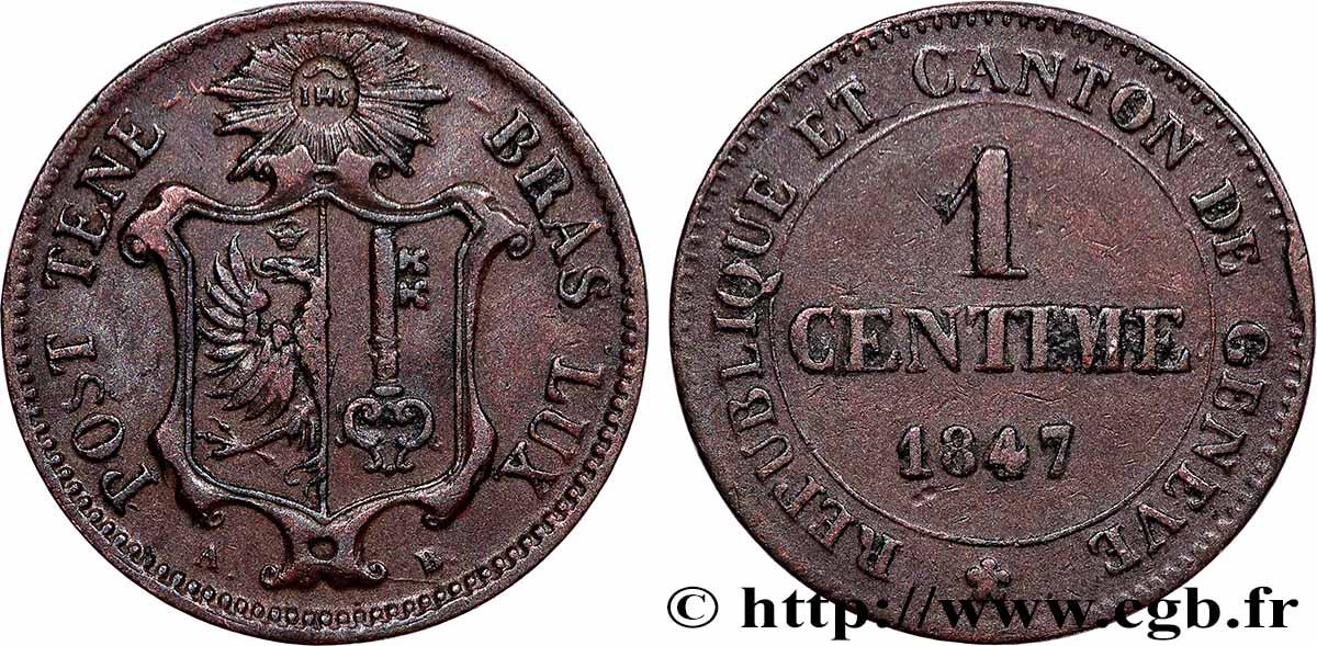 SUISSE - RÉPUBLIQUE DE GENÈVE 1 Centime 1847  TTB 