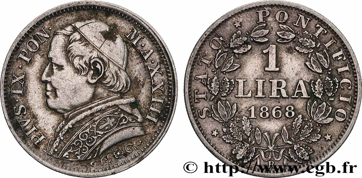 ITALIE - ÉTATS DU PAPE - PIE IX (Jean-Marie Mastai Ferretti) 1 Lire an XXIII 1868 Rome TTB 