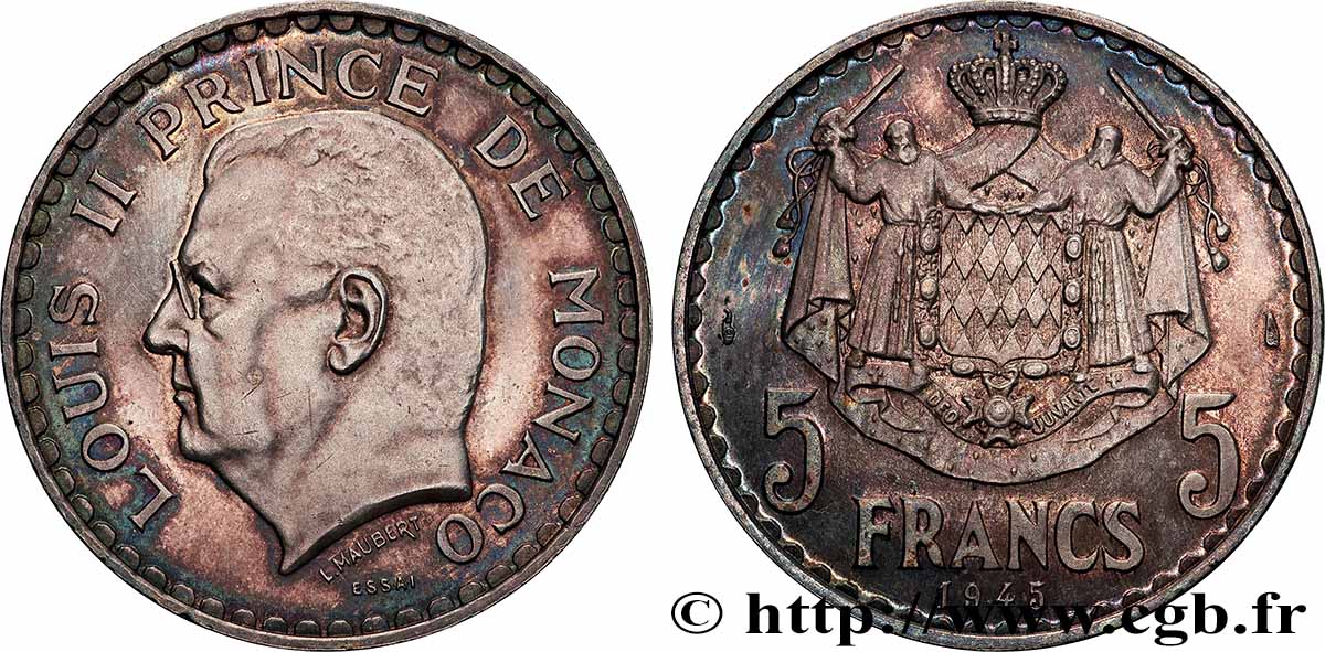 MONACO - PRINCIPAUTÉ DE MONACO - LOUIS II Essai 5 francs en argent 1945 Paris SPL 