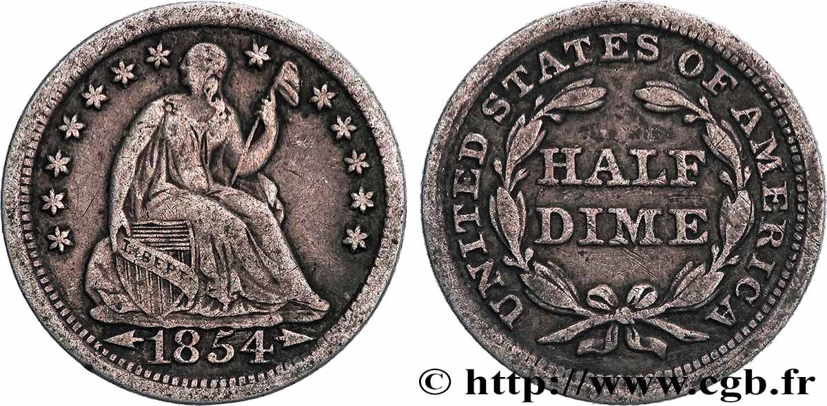 ÉTATS-UNIS D AMÉRIQUE 1/2 Dime Liberté assise variété avec date encadrée par des flèches 1854 Philadelphie TTB 