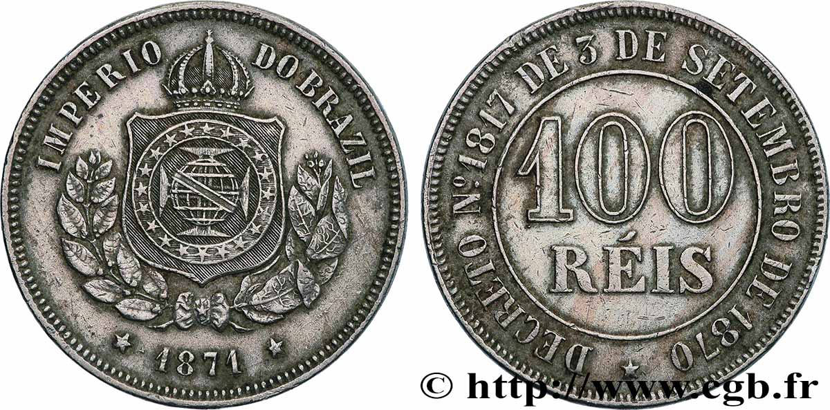 BRASIL 100 Reis Empereur Pierre II 1871 Rio de Janeiro MBC+ 