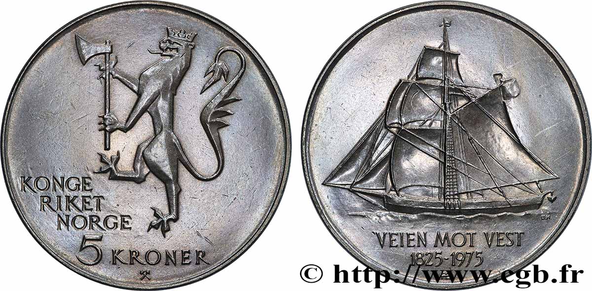 NORVEGIA 5 Kroner 150e anniversaire de l immigration aux amériques 1975 Kongsberg SPL 
