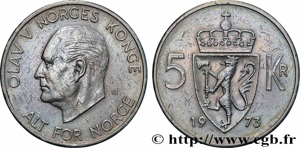 NORVEGIA 5 Kroner 100e anniversaire de la couronne norvégienne 1973 Konsberg q.SPL 
