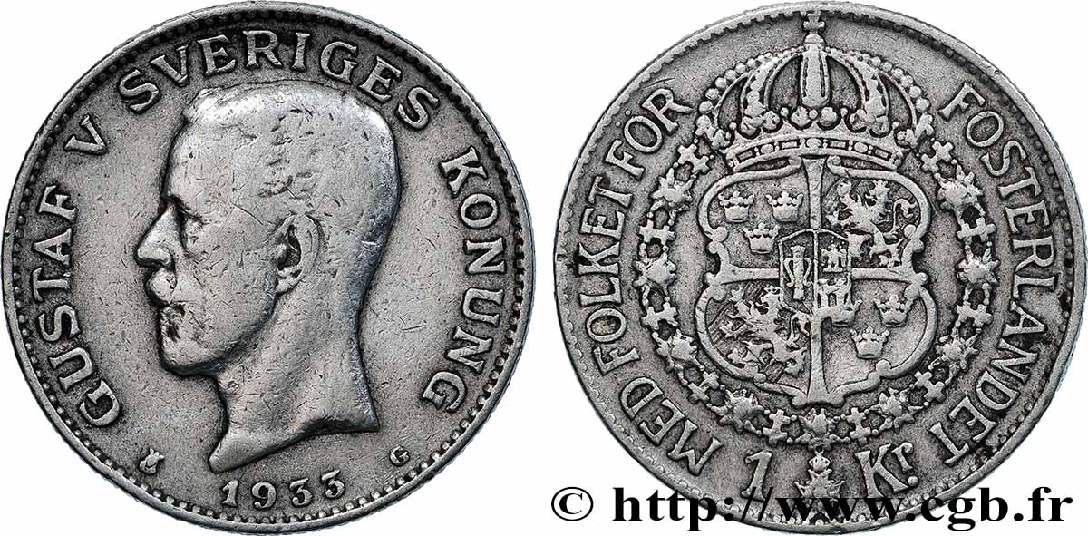 SWEDEN 1 Krona Gustave V 1933 Kungsholmen VF 