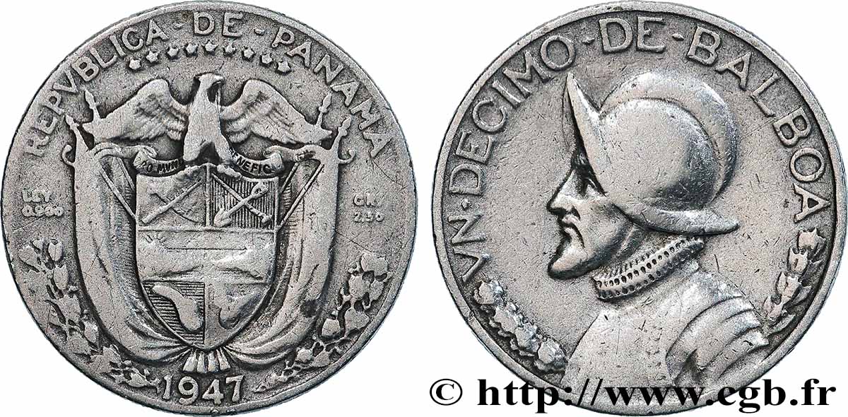 PANAMA 1/10 (Decimo) Balboa Vasco Nunez de Balboa 1947 Philadelphie TB+ 
