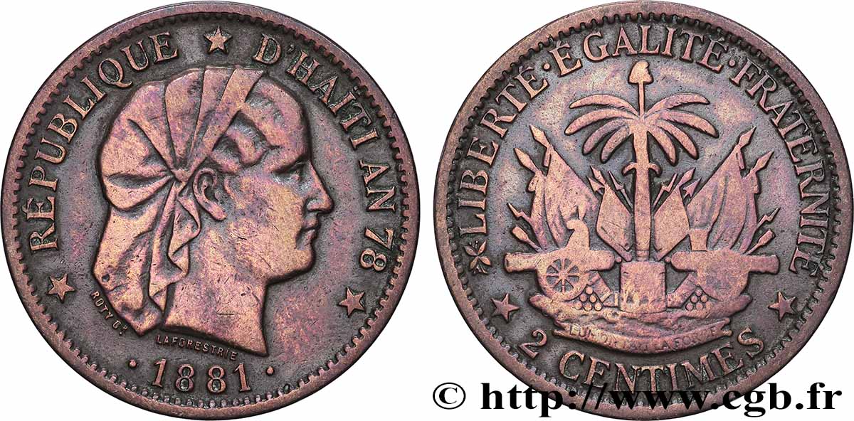 HAITI 2 Centimes an 78 emblème “Liberté créole” de Roty 1881 Paris VF 